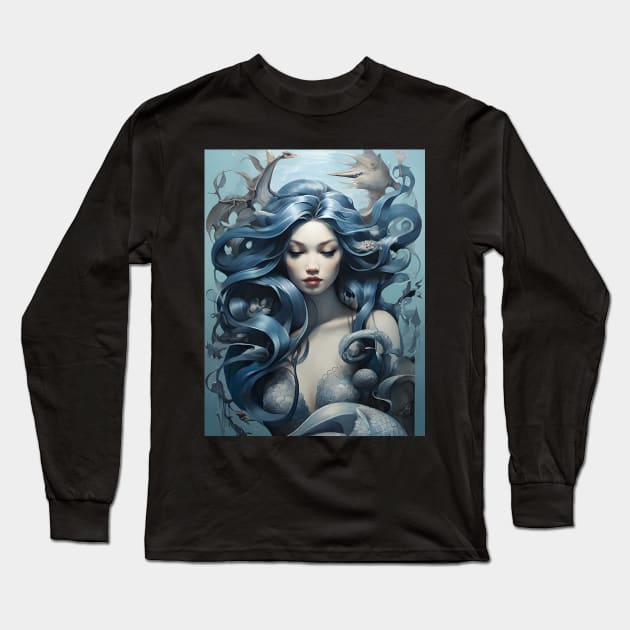 Blue Mermaid Drawing Long Sleeve T-Shirt by VivaLaRetro